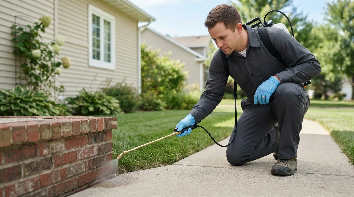 Pest control technician treating a home near Auburn, IN